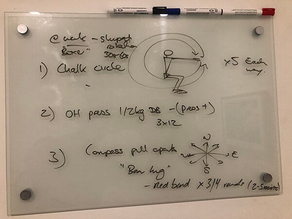 Glenn Mackintosh physiotherapy exercises drawn by his physiotherapy on a whiteboard